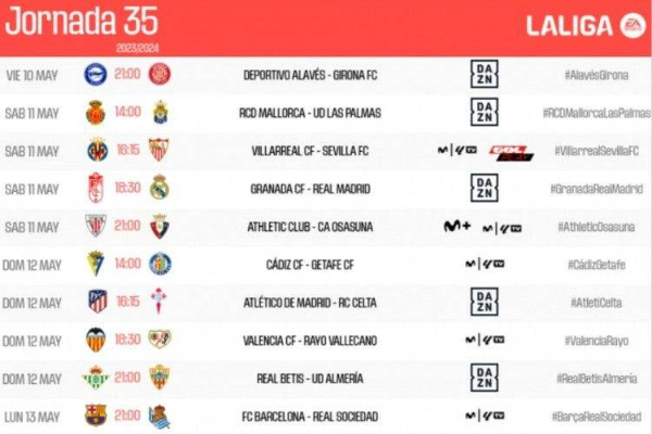 西甲聯賽第35輪和第36輪比賽時間公布